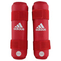 Röda Adidas WAKO benskydd för kickboxning i PU-syntetläder, WAKO-godkända för tävling