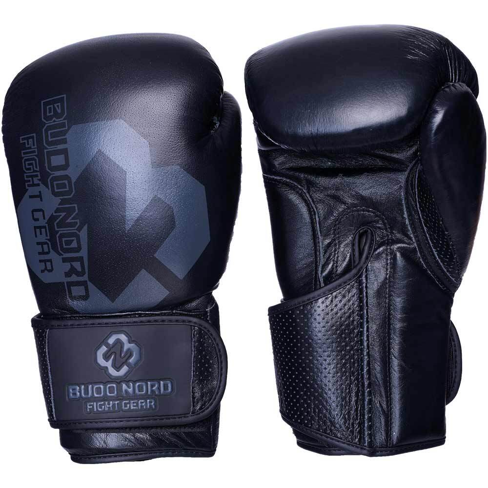 Par svarta Budo-Nord Fight Gear Pro boxningshandskar i skinn med kardborrerem