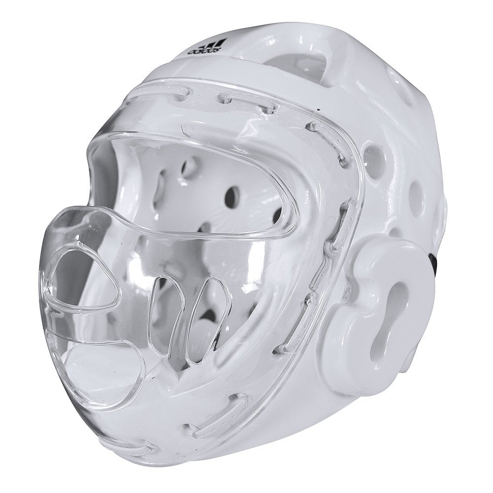 Vitt Adidas WT Facemask huvudskydd med avtagbart visir för taekwondo, WT-godkänt