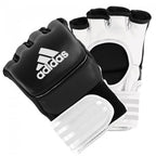 Svarta och vita Adidas Ultimate Fight MMA-handskar i premiumskinn med förböjd stoppning
