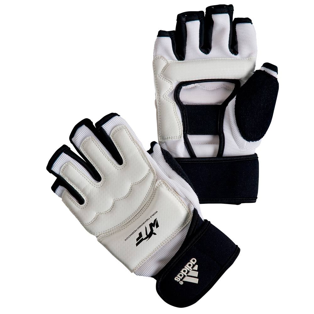 Svarta och vita Adidas WT Fighter taekwondohandskar i slitstark polyester för träning och tävling