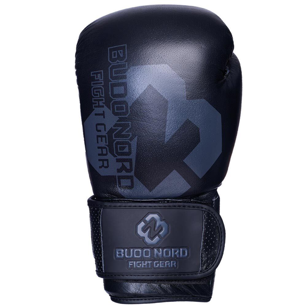 Svart Budo-Nord Fight Gear Pro boxningshandske i skinn sedd framifrån