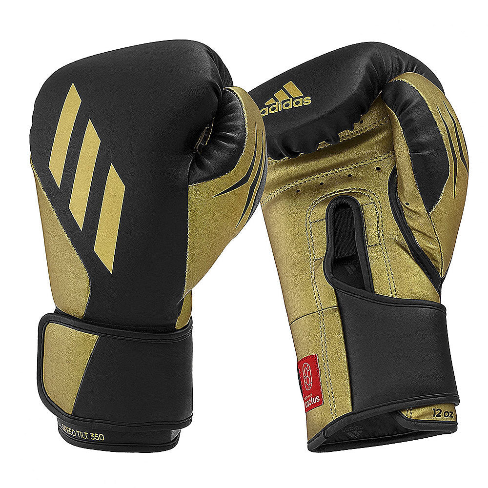 Svarta och guldfärgade Adidas Speed Tilt 350V boxningshandskar i 1,1 mm kaktusläder