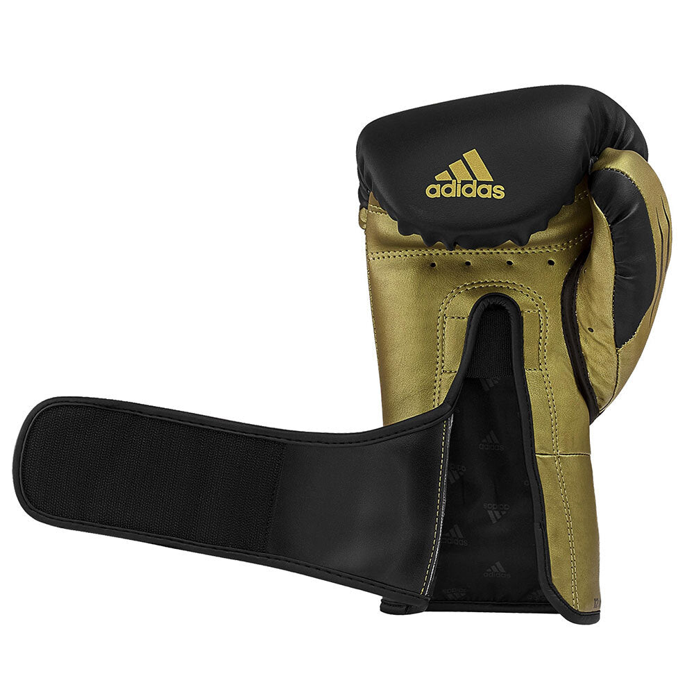 Svarta och guldfärgade Adidas Speed Tilt 350V boxningshandskar i 1,1 mm kaktusläder, med stötdämpande skum i flera lager