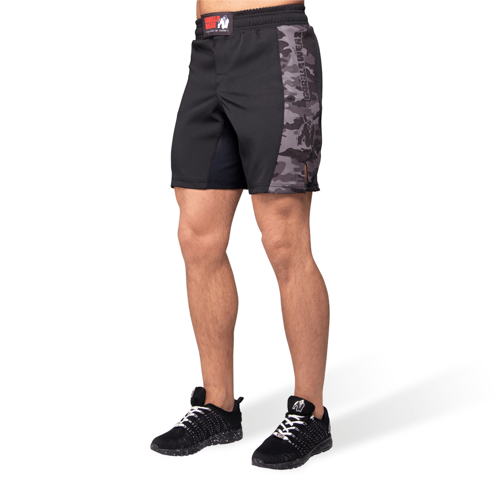 Svartgrå kamouflagemönstrade MMA-shorts Gorilla Wear Kensington med stretchpaneler