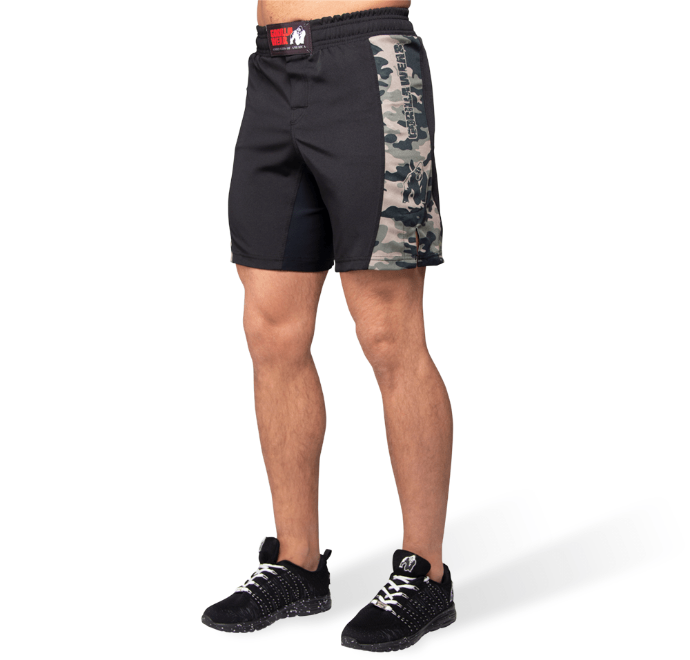 Arméngröna kamouflagemönstrade MMA-shorts Gorilla Wear Kensington med stretchpaneler