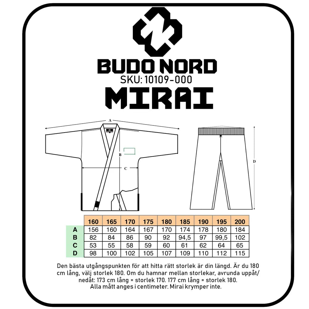 Storleksguide för Budo-Nord Mirai WKF karatedräkt