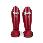 Röda Fairtex SP5 benskydd i Fairtex Syntex-läder för Muay Thai och kickboxning