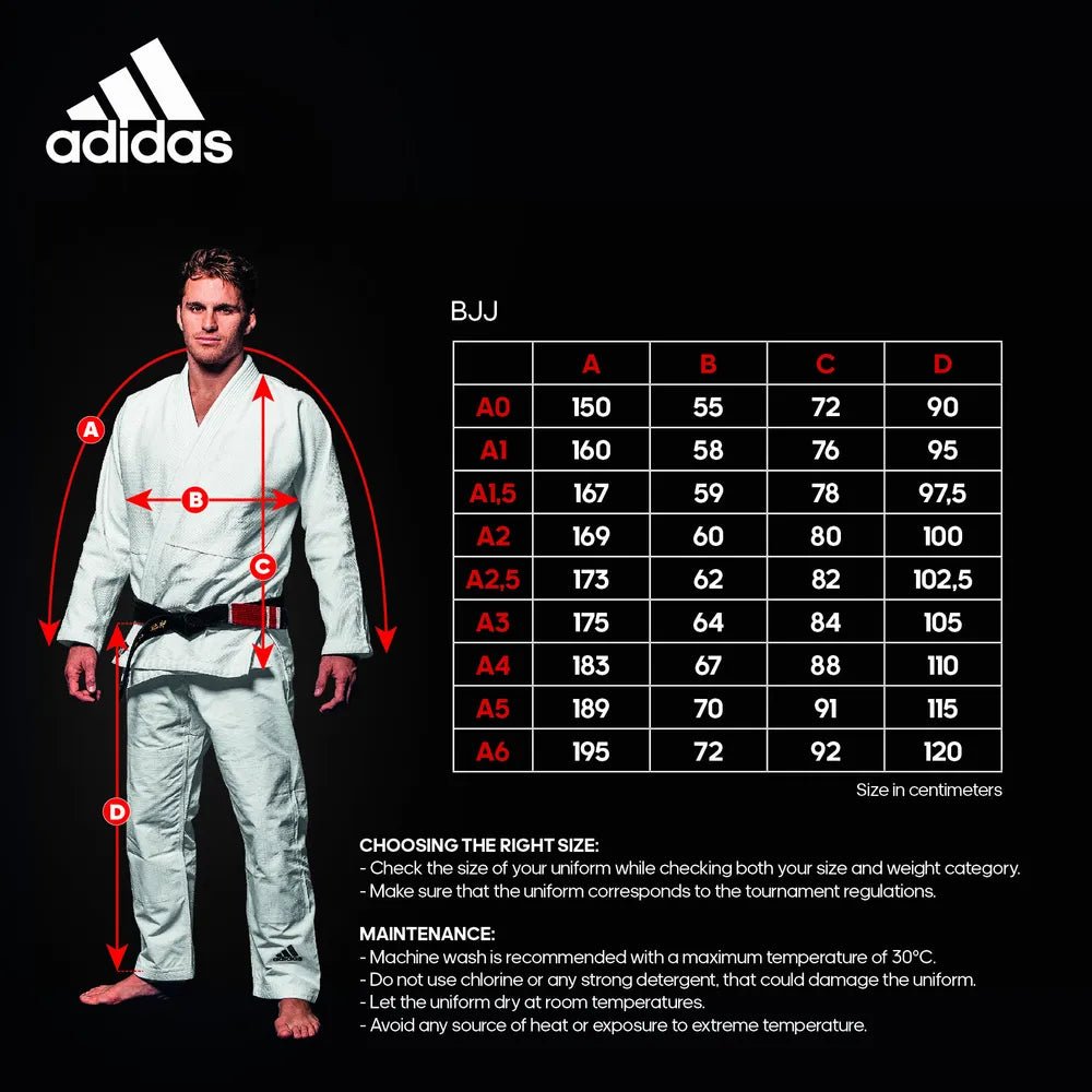 Storleksguide för Adidas BJJ-dräkt Response 2.0 - Svart