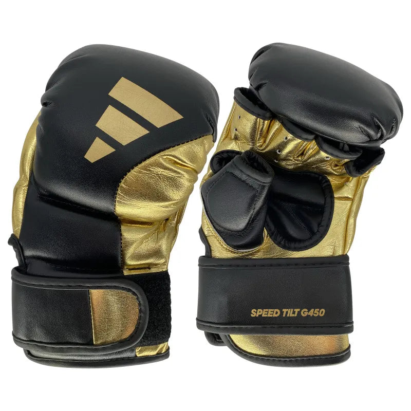 Svarta och guldfärgade Adidas Speed Tilt G450 MMA-handskar med TILT-design för naturlig handposition