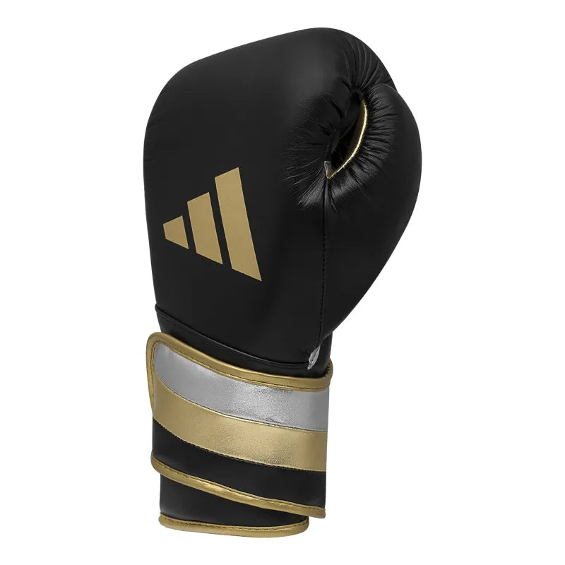 Svarta och guldfärgade Adidas Speed 501 boxningshandskar med satinfoder och ventilation