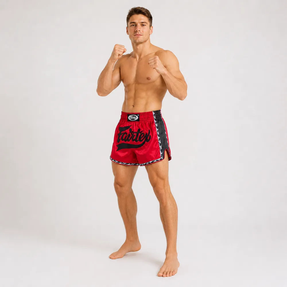 Röda och svarta Fairtex BS1703 thaishorts med höga benslitsar