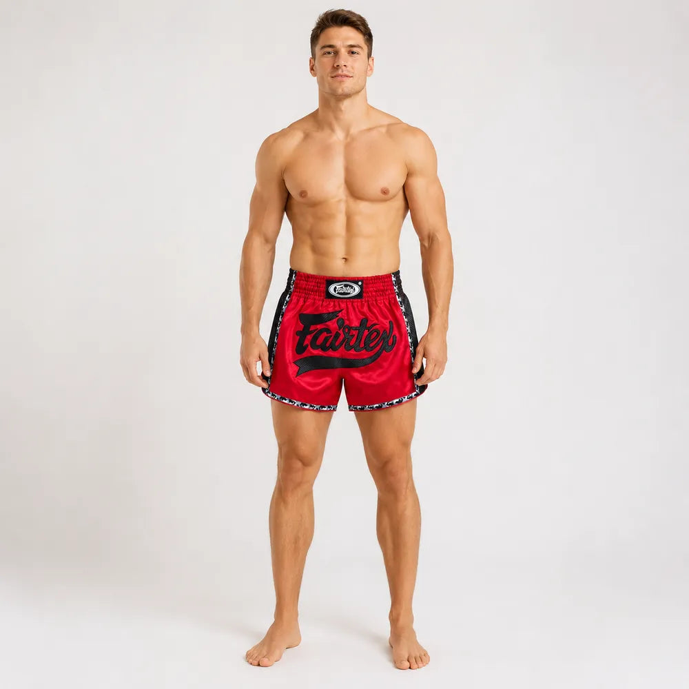Röda och svarta Fairtex BS1703 thaishorts för muay thai-träning
