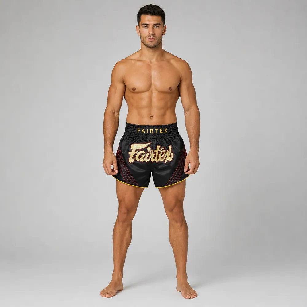 Svarta Fairtex Mr X BS1925 thaishorts i premium Micro Satin, med strömlinjeformad passform