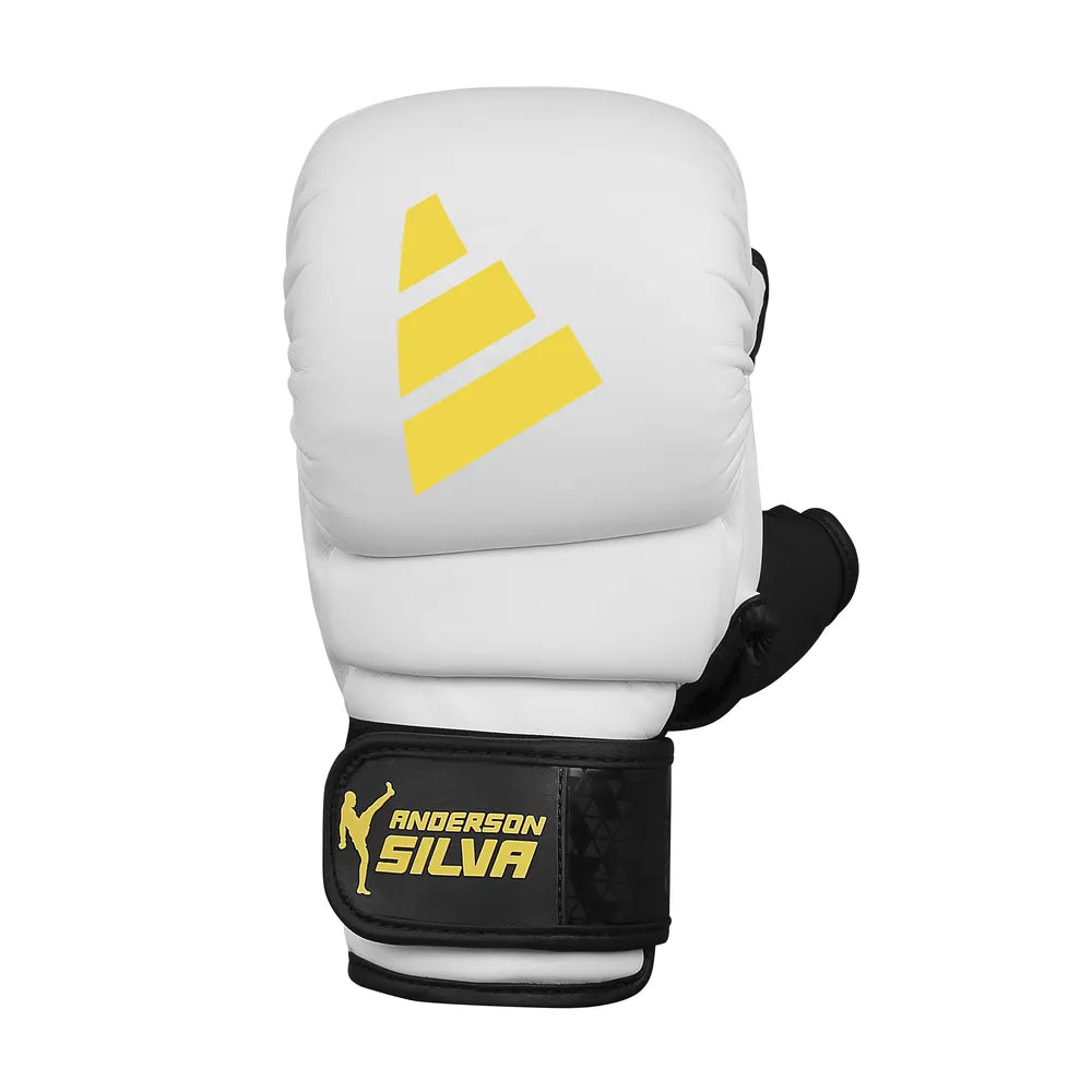 Adidas Silva 50 MMA-handskar i vitt, svart, gult och camo med TILT-design för naturlig handposition