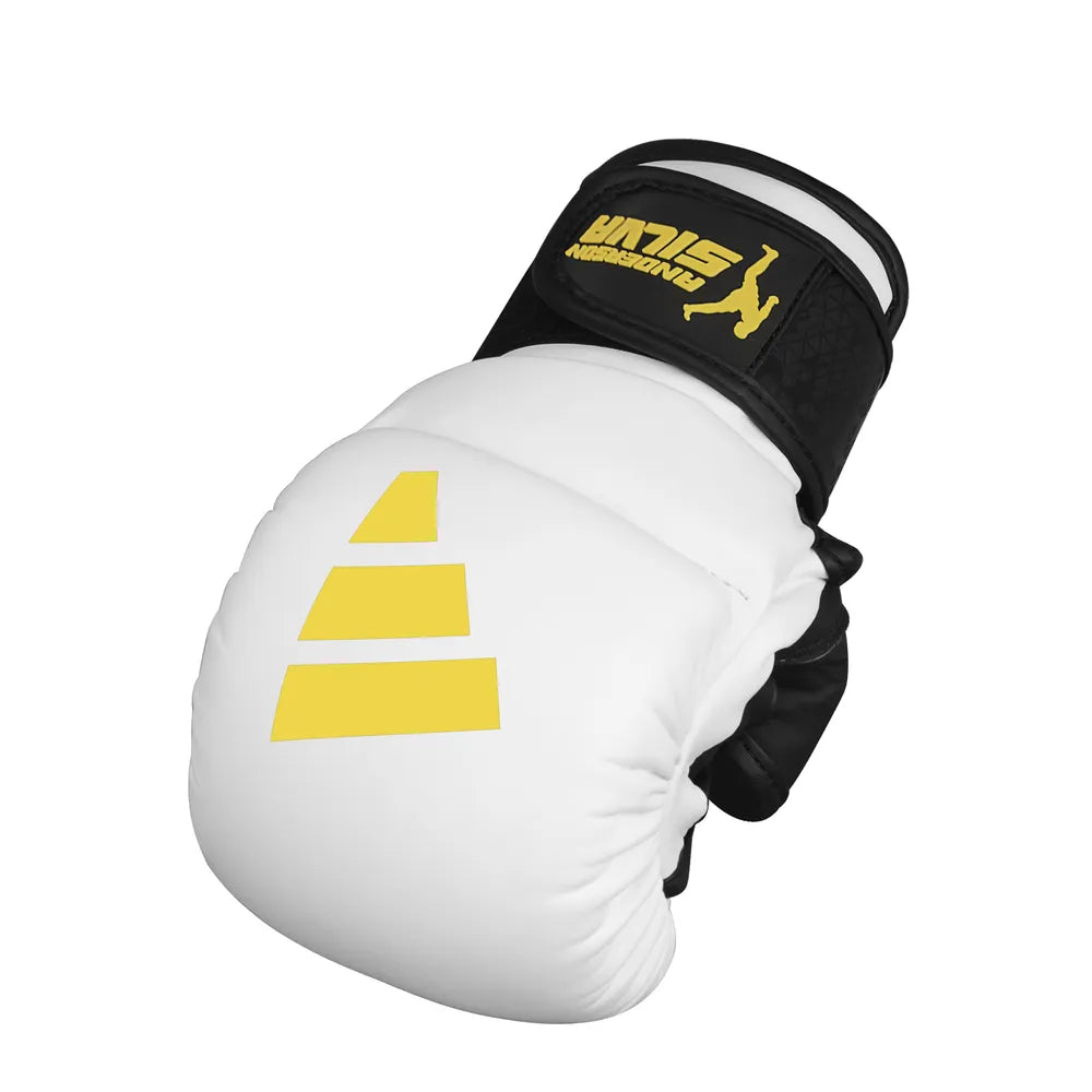 Adidas Silva 50 MMA-handskar i vitt, svart, gult och camo för MMA, sparring och grappling