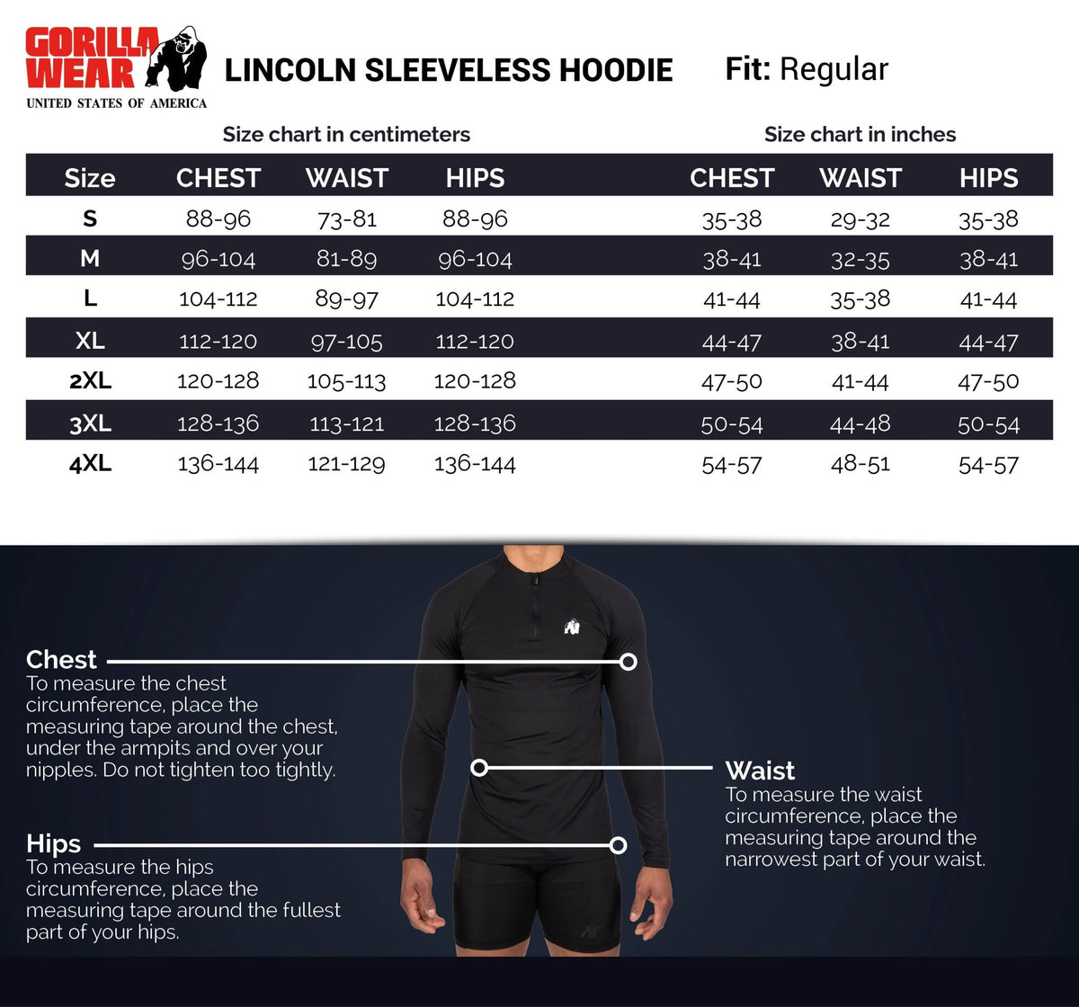 Storleksguide för Gorilla Wear Lincoln Ärmlös Hoodie Herr – Grå